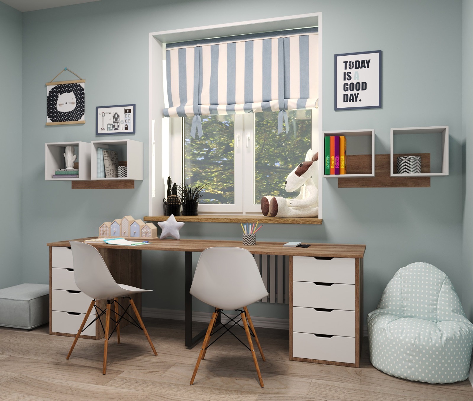 Комплект для 2 школьников: стол Дуэт 2200 мм + настенные полки Квадрат-2 (2 шт)