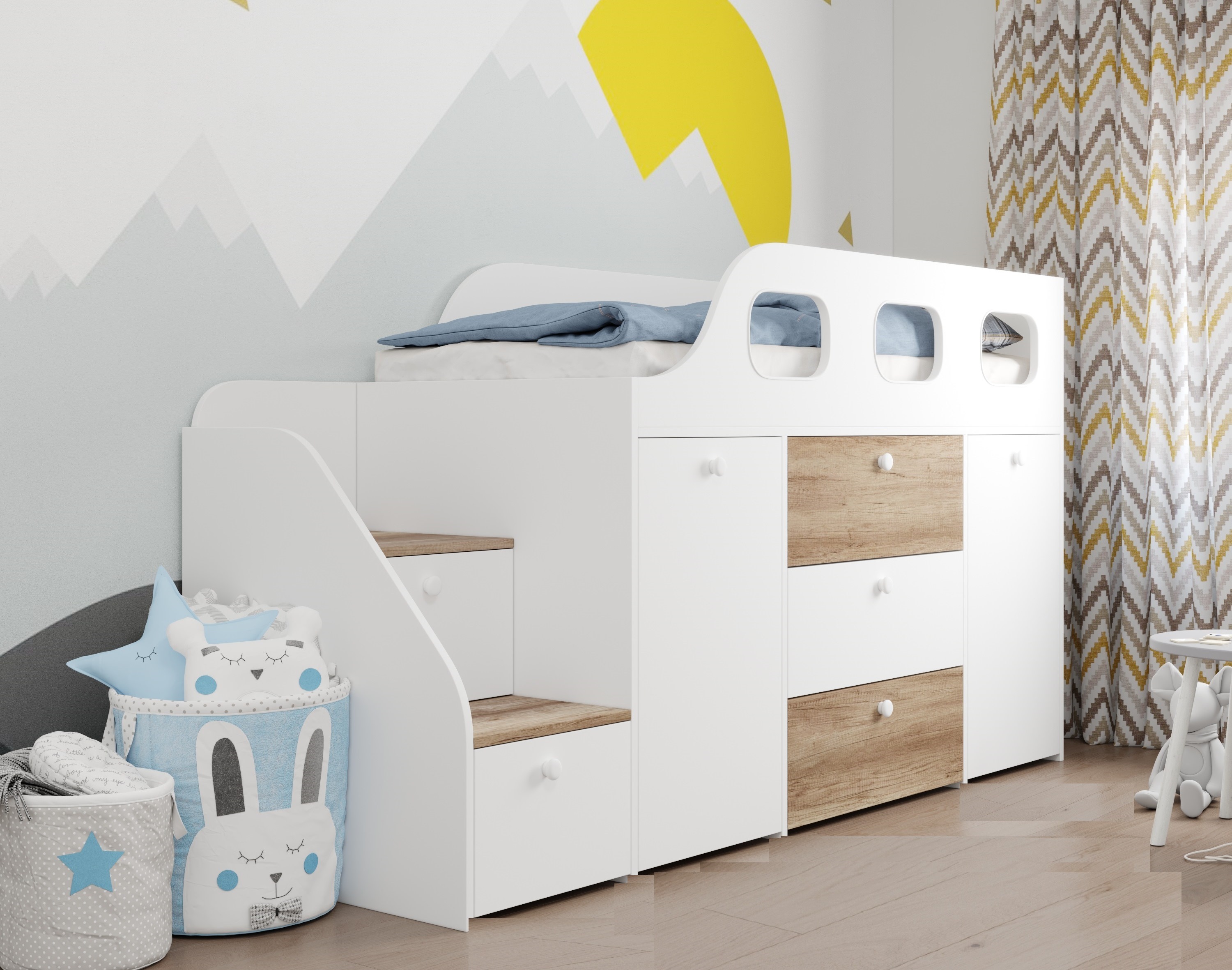 Кровать-чердак Хэппи 180х80 (дуб каньон+белый) 