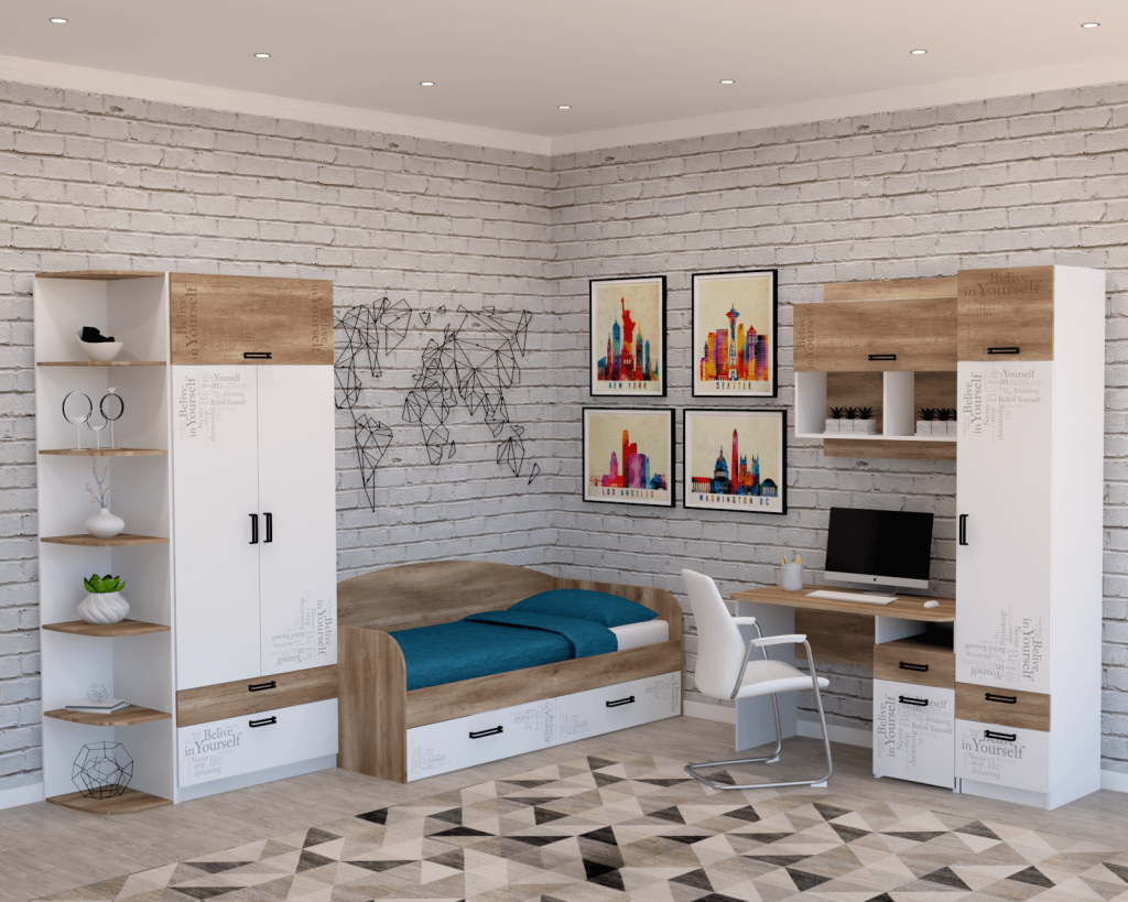 детская кровать стол, шкафы, стулья