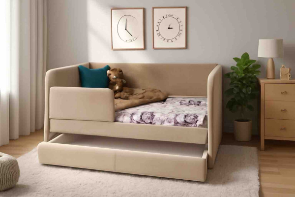 Мягкая кровать Nepos 80х160 (с бортиком и ящиком). Велюр Тедди 304 (бежевый)