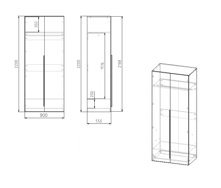 Шкаф 2-х дверный коллекции Брайт (внутри штанга + полки) от Династия Kids