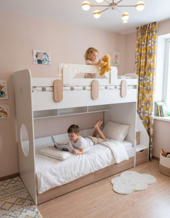 Кровать двухъярусная 180х80 Фортуна (корпус белый+фасады дуб золотистый)  от Династия Kids