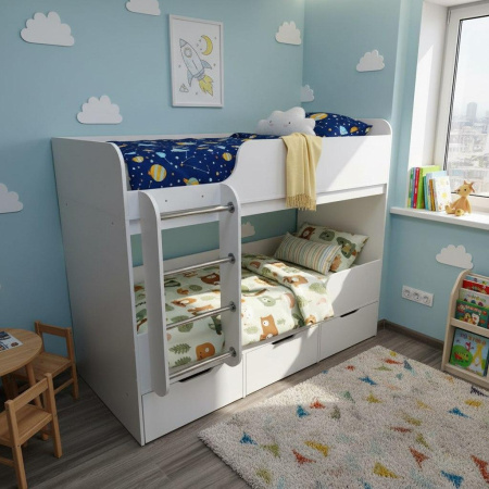 Двухъярусная кровать Малыши Двойняшки 180х80 (велюр + белый) от Династия Kids