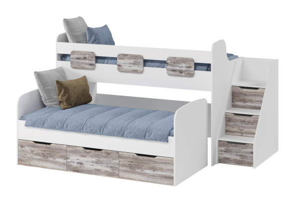 Двухъярусная кровать Городок (бетон пайн + белый). Лестница справа