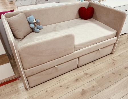 Мягкая кровать Эрмика 80х160 с ящиками. Велюр Тедди 304 (бежевый) от Династия Kids