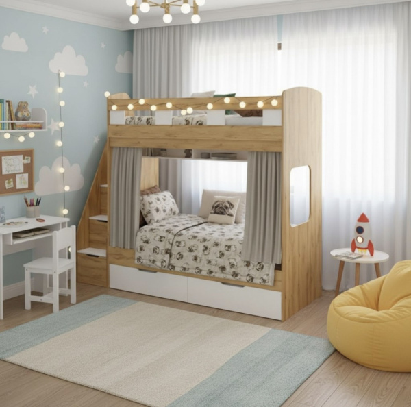 Кровать 2-х ярусная Твинс 190х90 (корпус дуб золотистый + фасады белые)