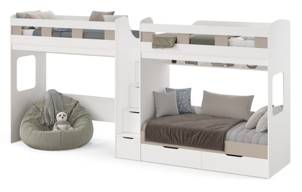 Кровать 3-х ярусная Квартет (корпус белый + фасады велюр)