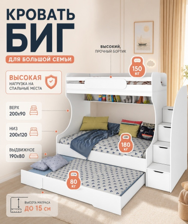 Кровать БИГ 120х200 (дуб сонома + белый) от Династия Kids