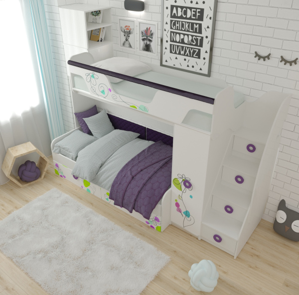 Кровать Цветы-4+кровать Цветы-6 New (правая/левая). Верх 190*80, низ 190*90 от Династия Kids