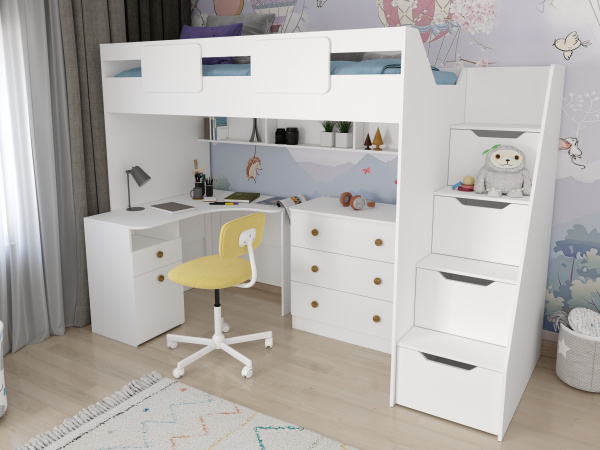 Комплект мебели: кровать-чердак Мозаика-2 + стол Умка + комод Умка 