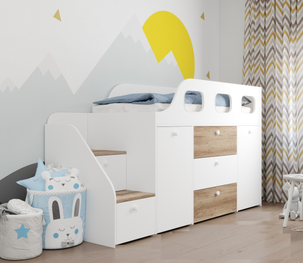 Кровать-чердак Хэппи 180х80 (дуб каньон+белый)  от Династия Kids