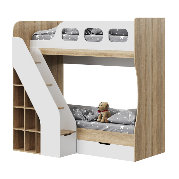Кровать двухъярусная Умка-4 (лестница слева) 190х80 дуб сонома + белый
