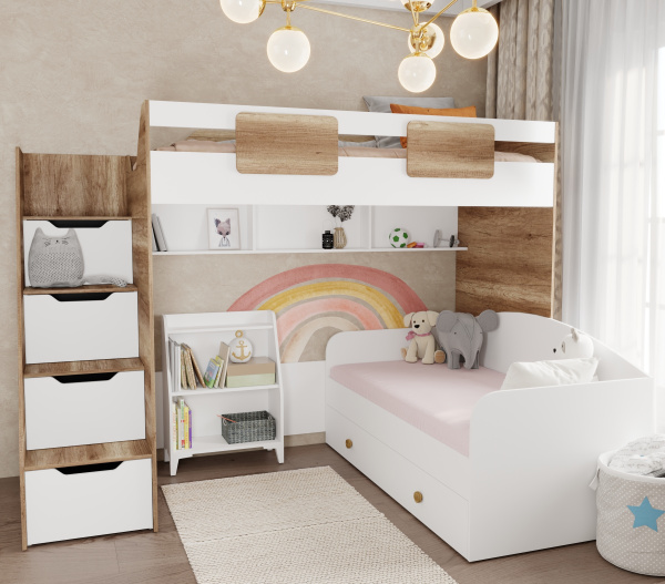 Комплект мебели: кровать-чердак Лайт Лофт + кровать Умка + стеллаж  от Династия Kids