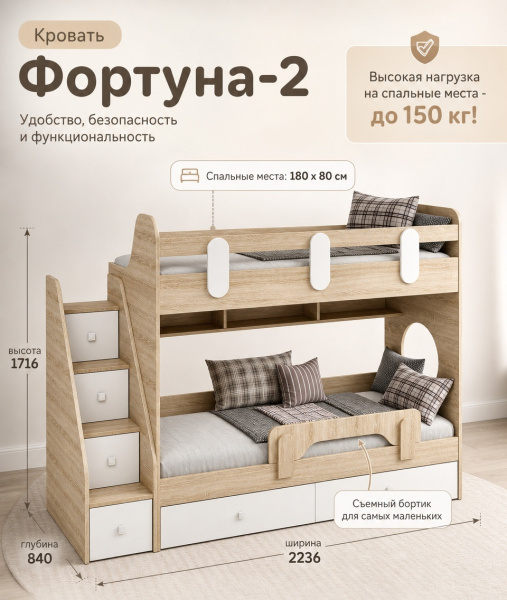 Кровать двухъярусная 180х80 Фортуна-2 (дуб сонома + белый)  от Династия Kids
