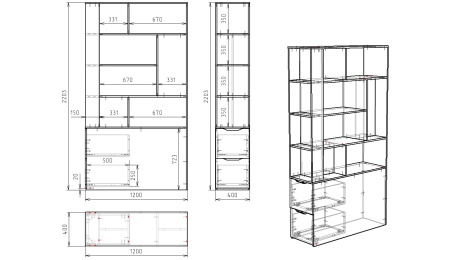 Стеллаж-перегородка для зонирования Стиль (дуб каньон + белый) 1200 мм от Династия Kids