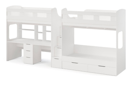 Кровать 3-х ярусная Квартет + стол для 2 детей (цвет белый)