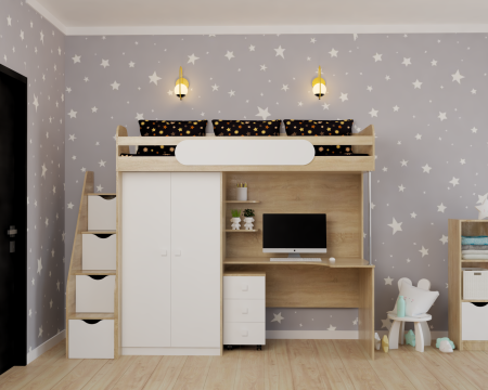 Кровать-чердак Колледж-2 (дуб золотистый + белый) 200х90 от Династия Kids