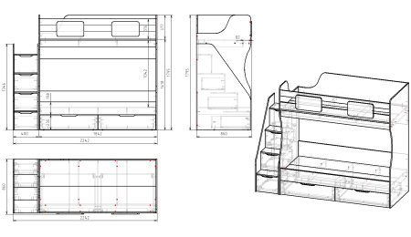 Кровать 2-х ярусная Миа (велюр + белый) 180х80 от Династия Kids