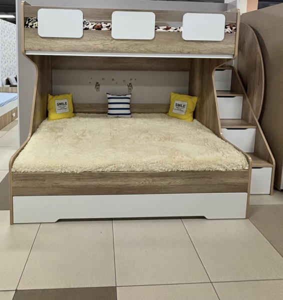 Кровать 3-х ярусная МЕГА ПРЕМИУМ (дуб каньон+белый) 120х200