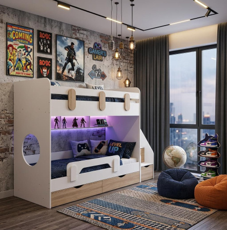 Кровать двухъярусная Фортуна 180х80 (белый + дуб сонома) от Династия Kids