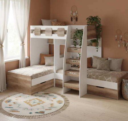 Кровать 3-х ярусная Династия (белый+дуб каньон)