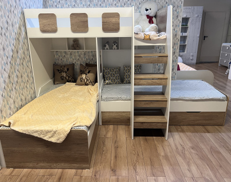 Кровать 3-х ярусная Династия (белый+дуб каньон)