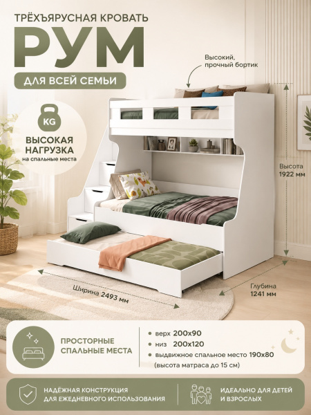 Кровать 3-х ярусная РУМ 120х200 (цвет белый) 